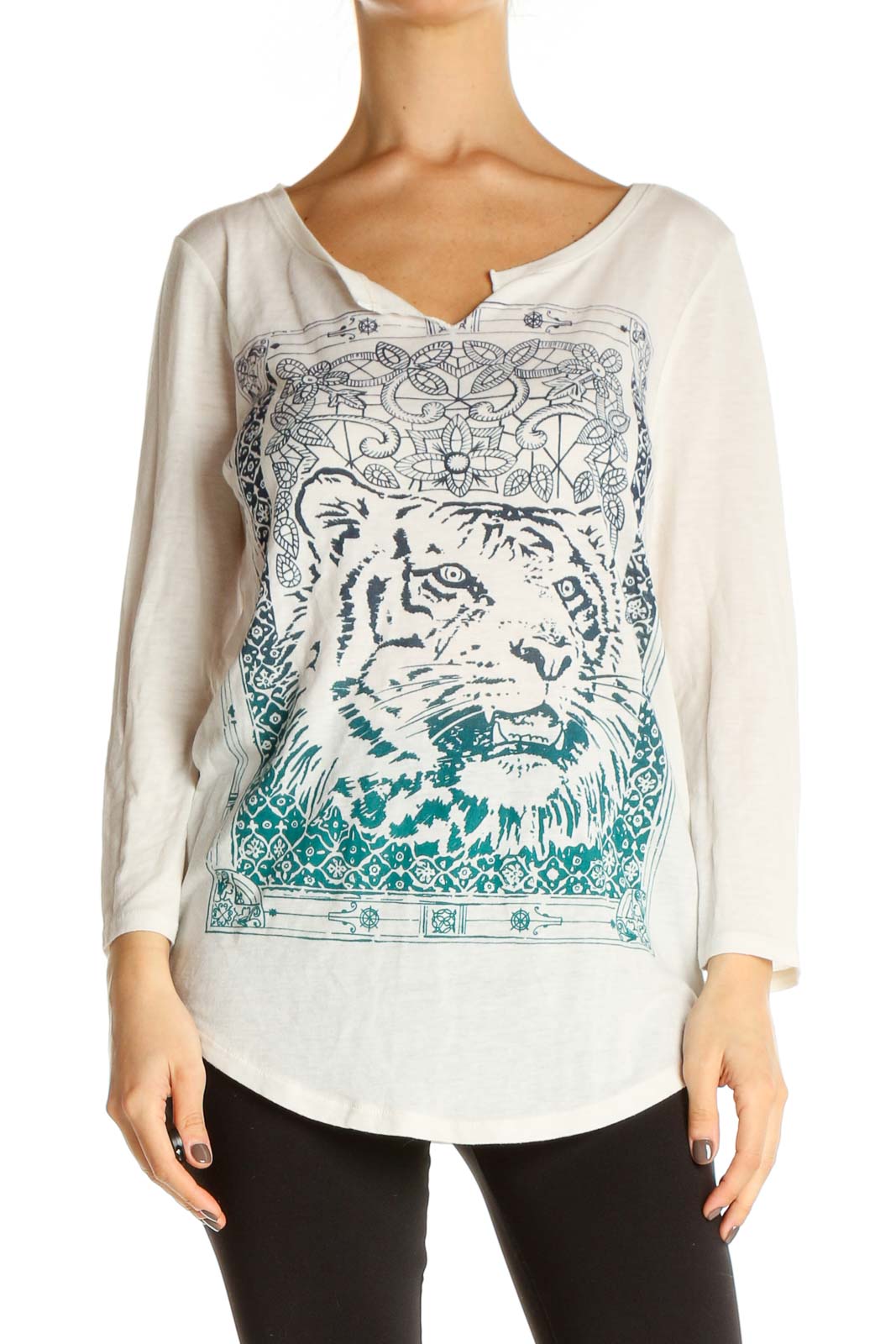 White Graphic Print Casual Blouse Front