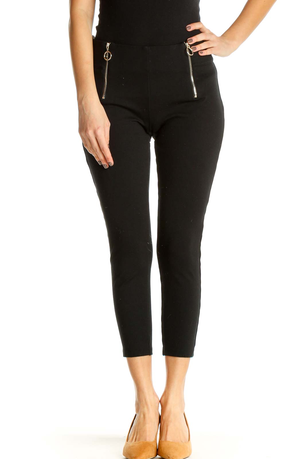 Black Solid Casual Leggings Front