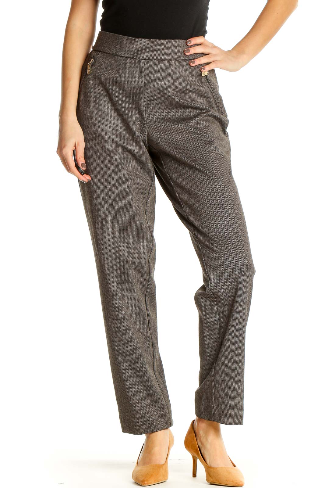 Gray Solid Retro Trousers Front