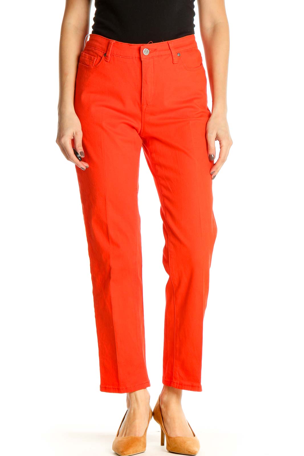 Red Solid Casual Trousers Front
