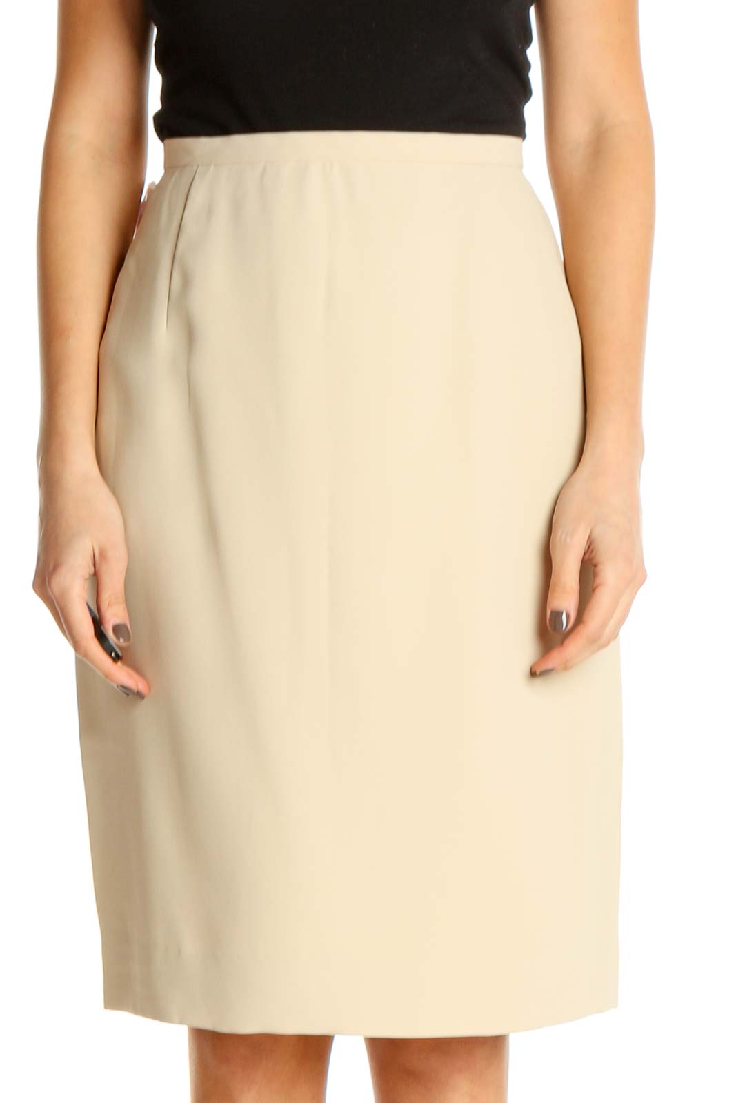 Beige Solid Classic Pencil Skirt Front