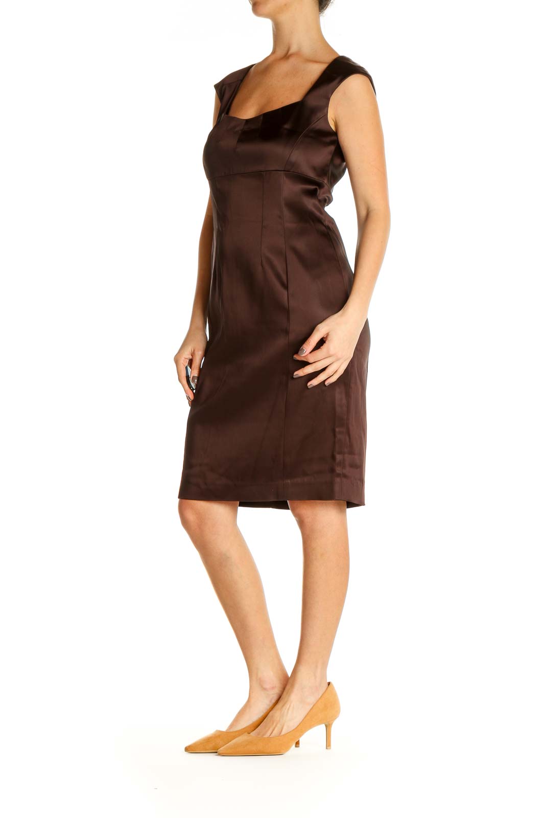 Calvin Klein - Brown Solid Classic Sheath Dress Nylon Acetate Polyurethane  | SilkRoll