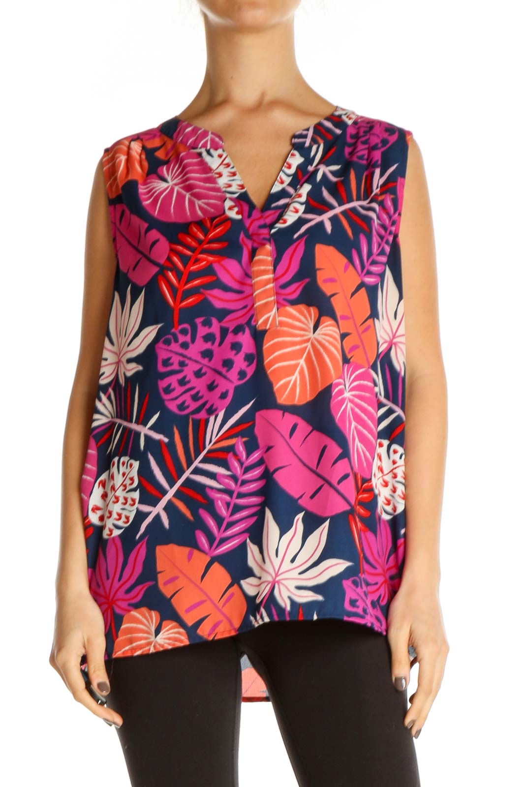 Pink Tropical Print Holiday Blouse Front