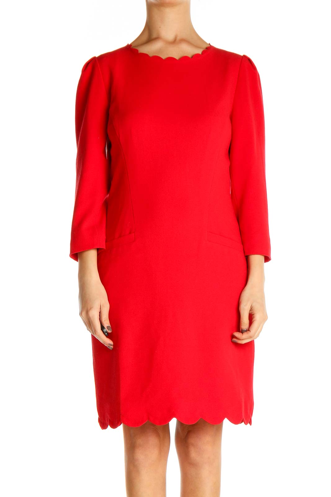 Red Solid Day Shift Dress Front