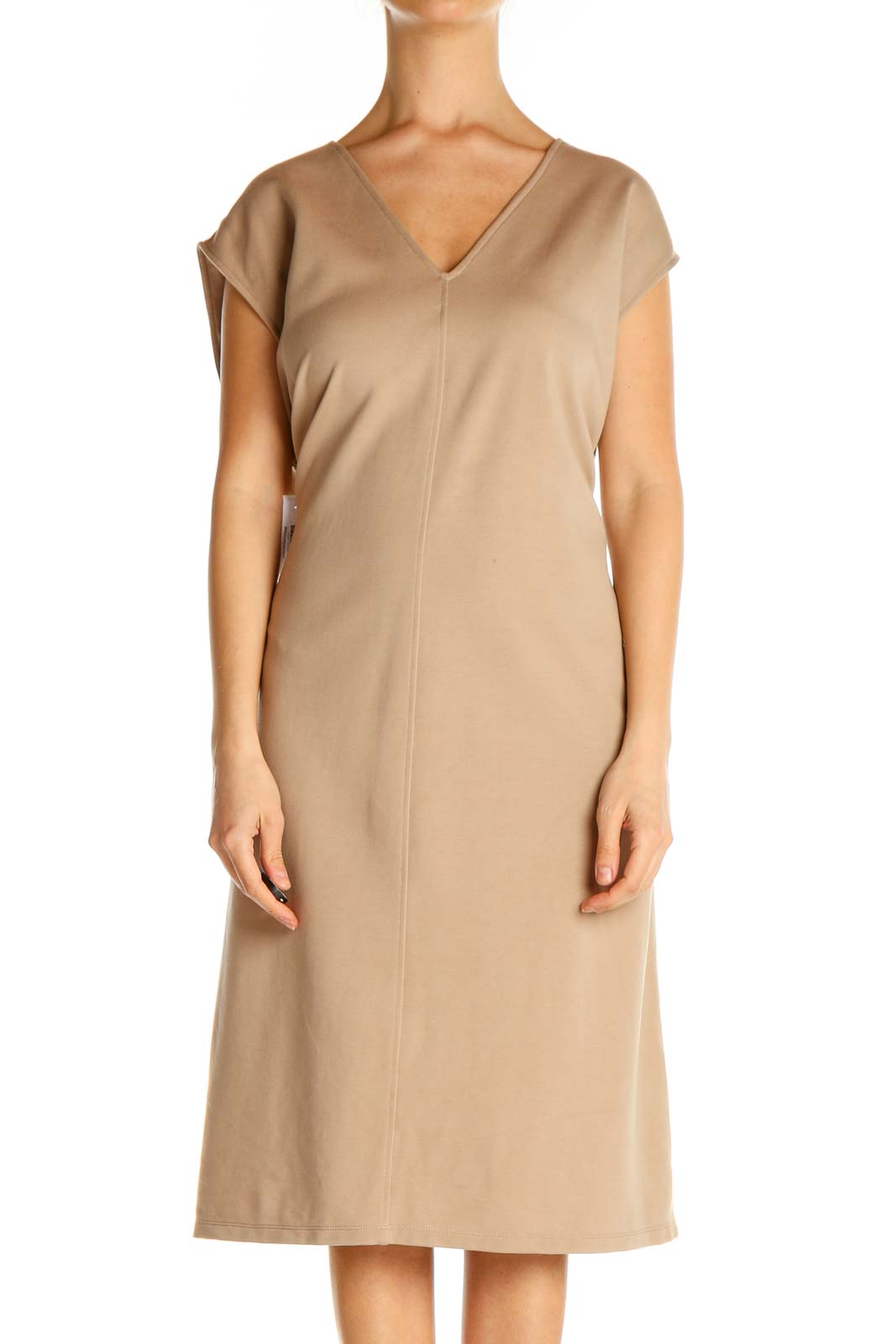 Beige Solid Day Shift Dress Front
