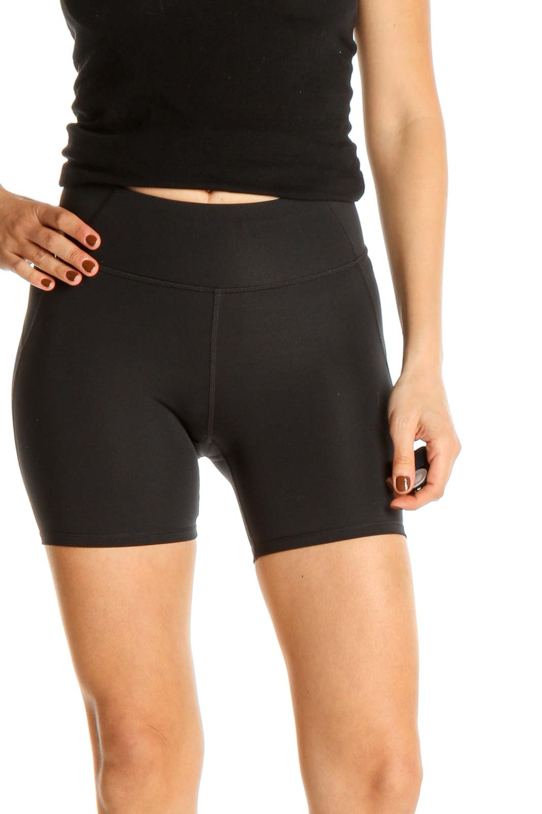 Black Solid Activewear Shorts Front