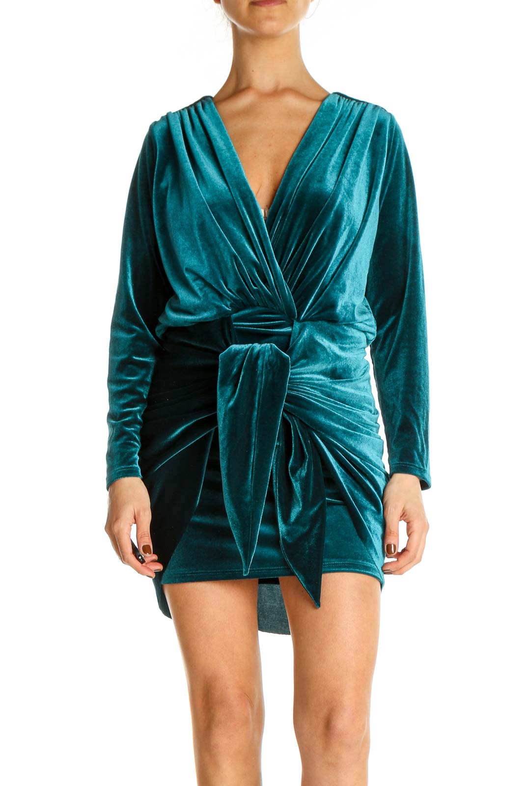 Green Solid Cocktail Sheath Dress Front
