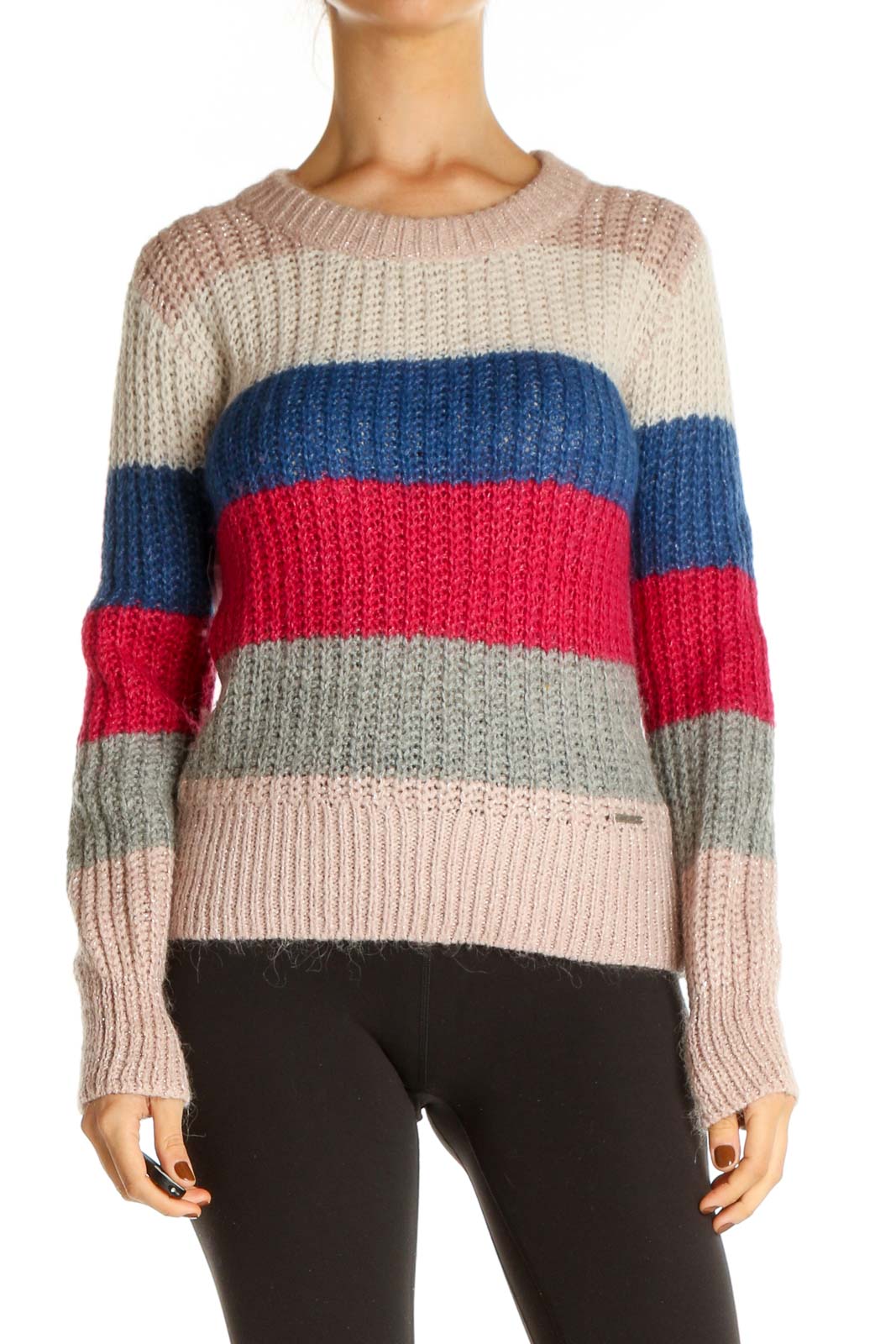 Pink Colorblock Casual Sweater Front