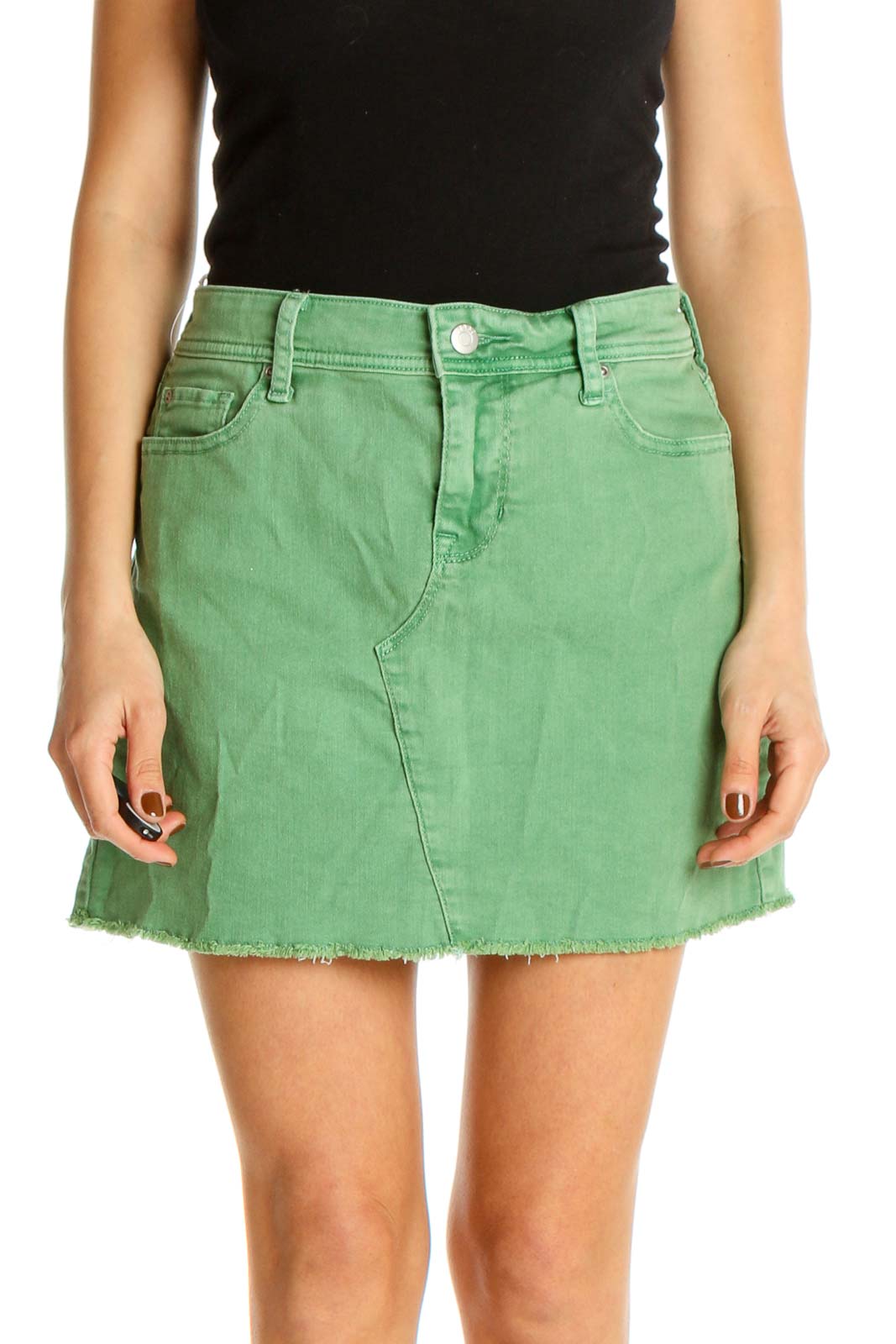 Green Solid Chic A-Line Skirt Front
