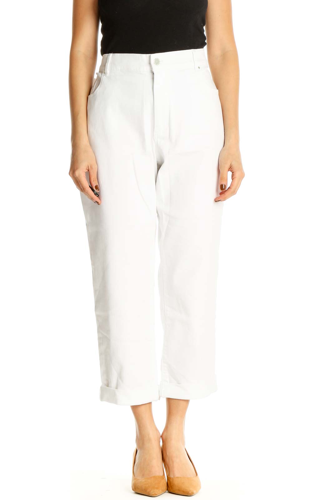 White Solid Casual Trousers Front