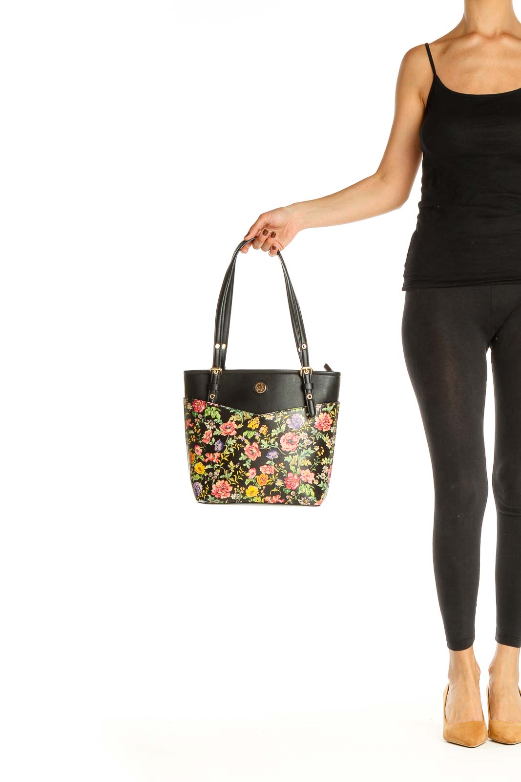 Women Black Floral PVC Tote Bag