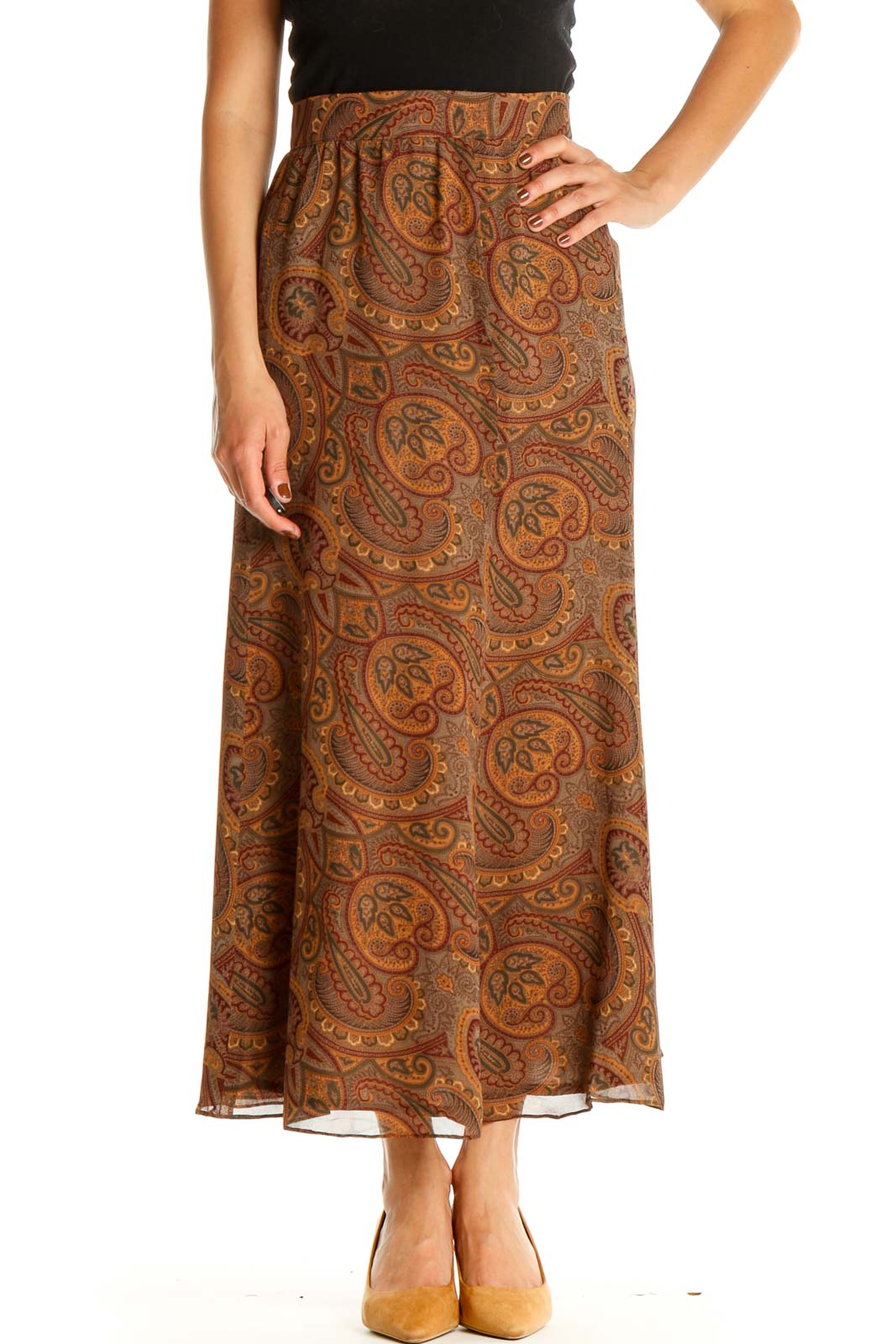 Brown Paisley Holiday A-Line Skirt Front