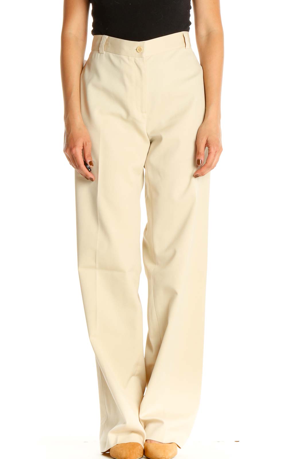 Beige Printed All Day Wear Trousers Front