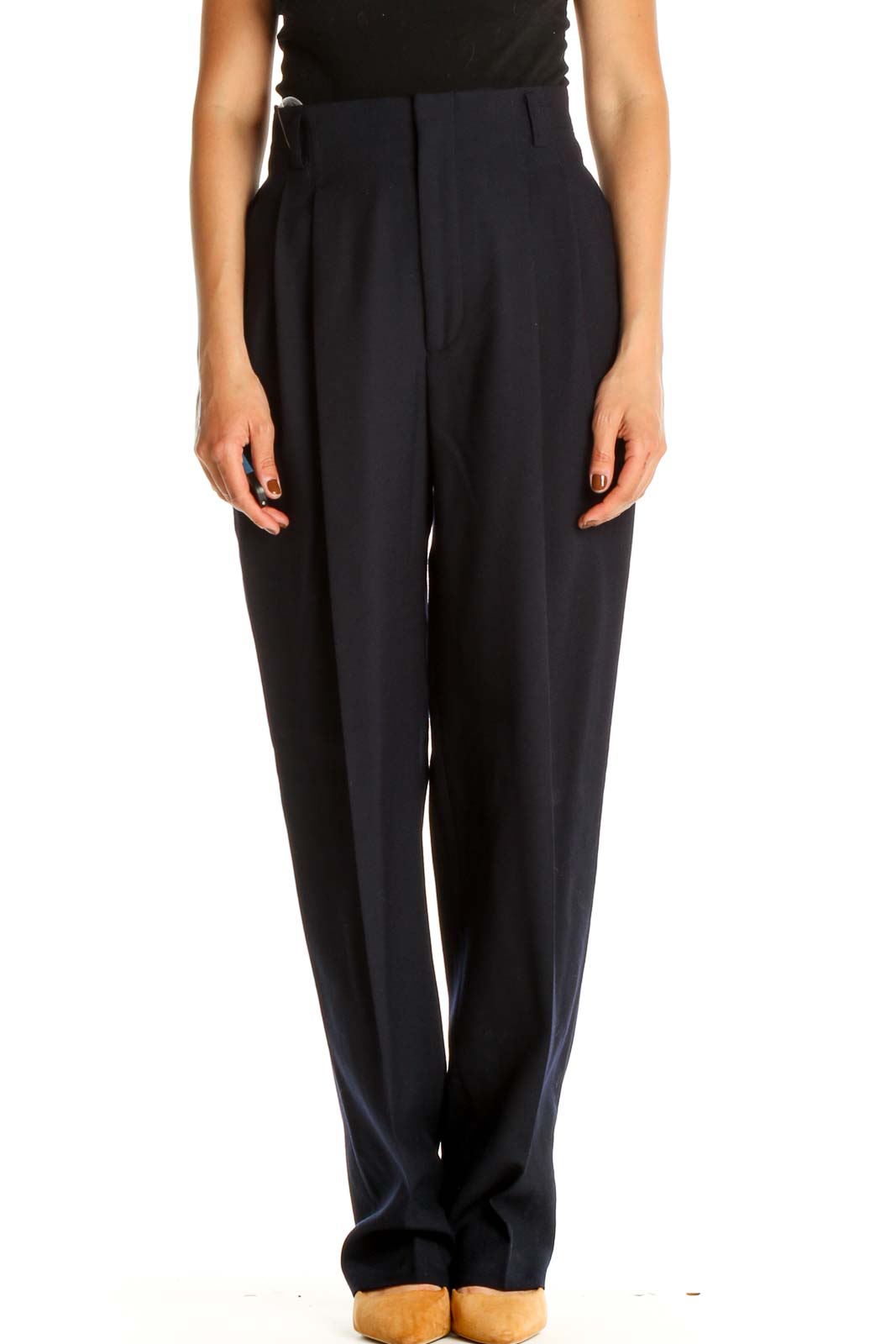 Blue Solid Classic Trousers Front