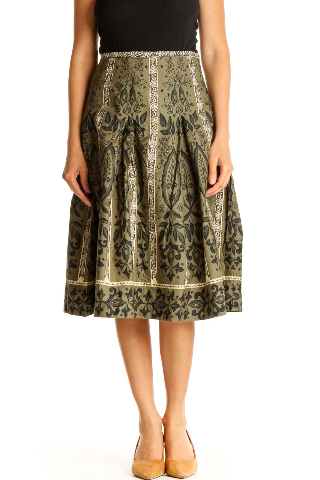 Green Paisley Sequin Retro Flared Skirt Front