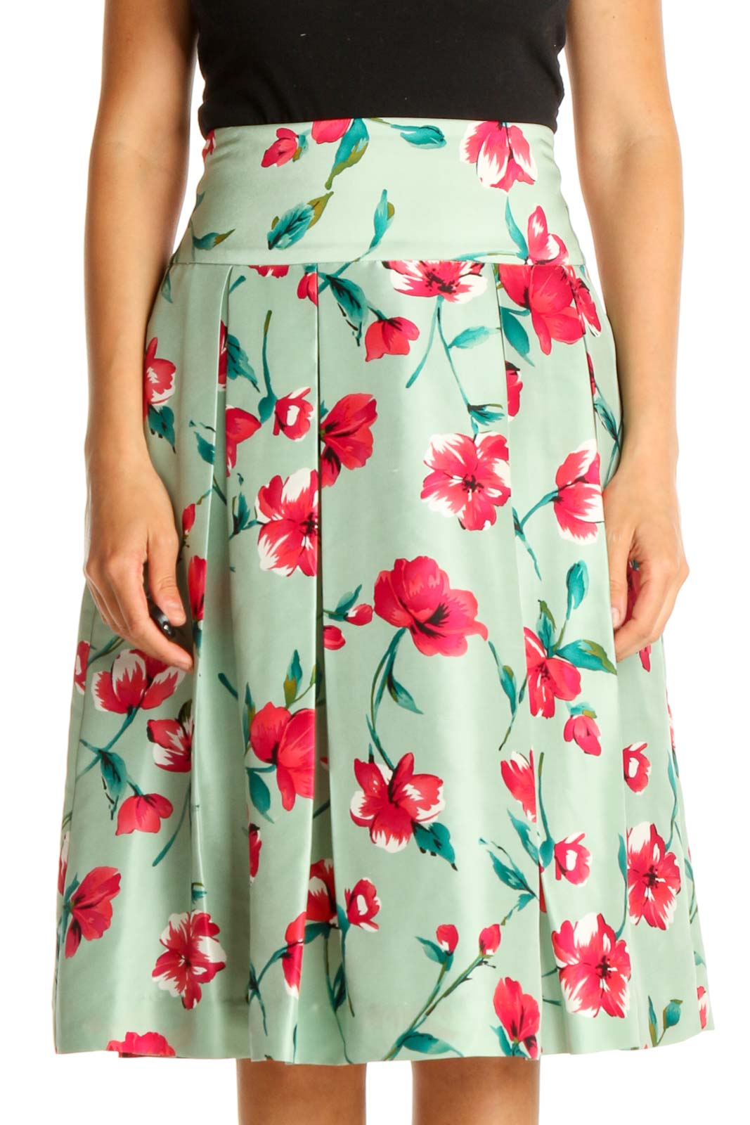 Green Floral Print Retro Flared Skirt Front