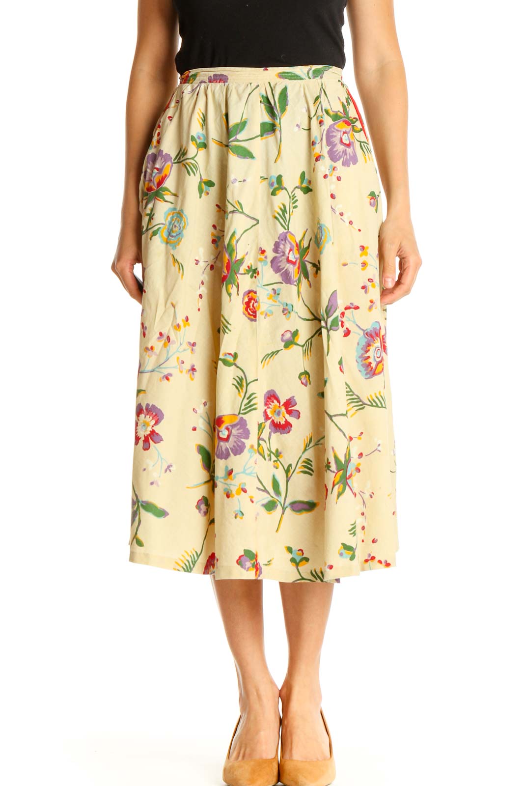 Yellow Floral Print Retro A-Line Skirt Front