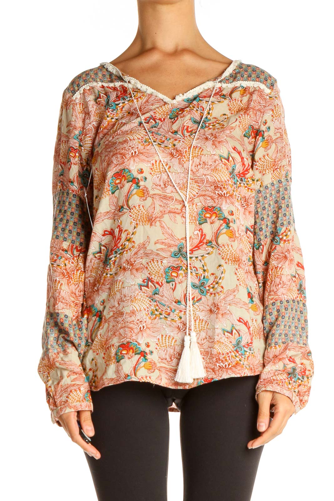 Beige Printed Bohemian Blouse Front