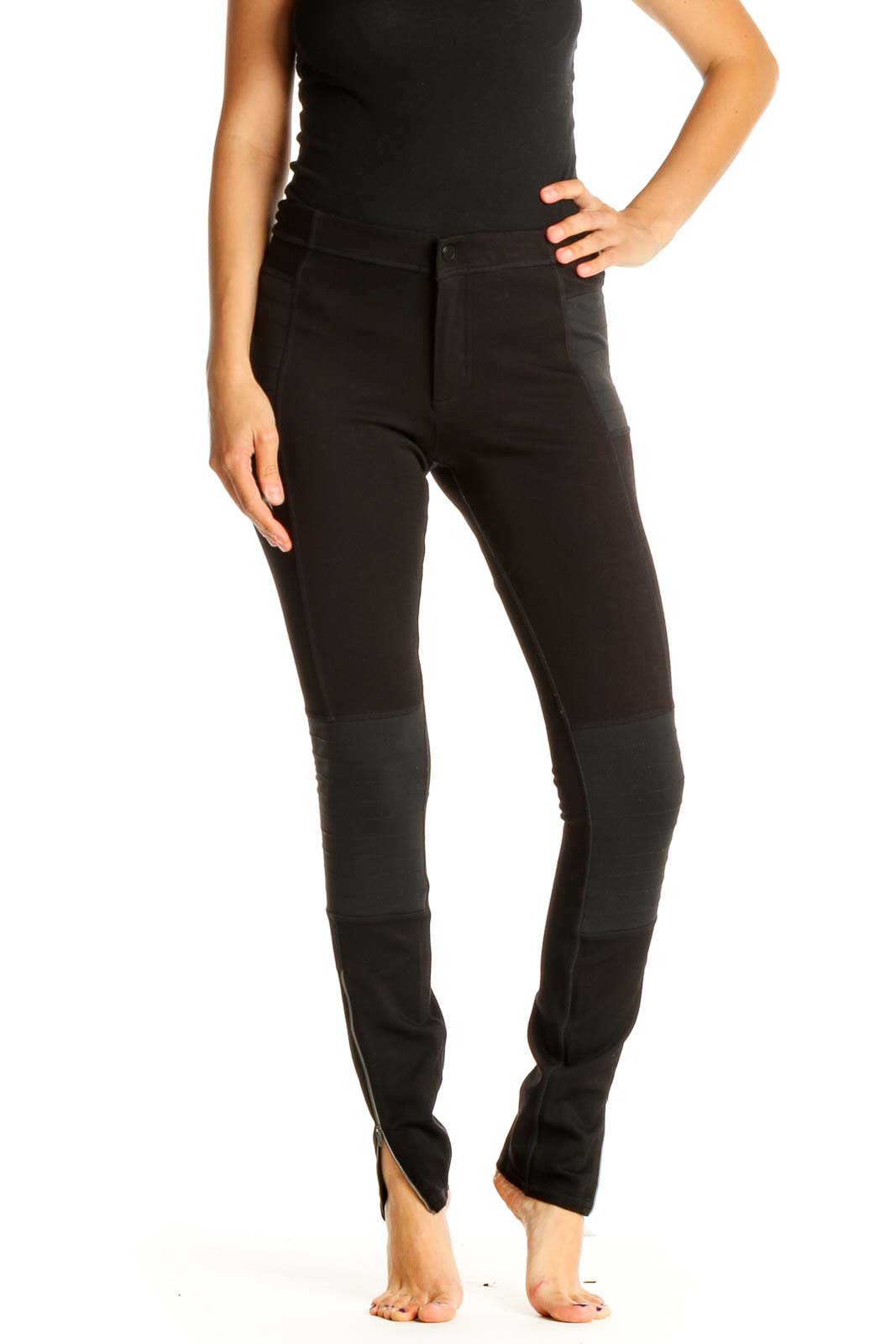 Black Solid Casual Leggings Front