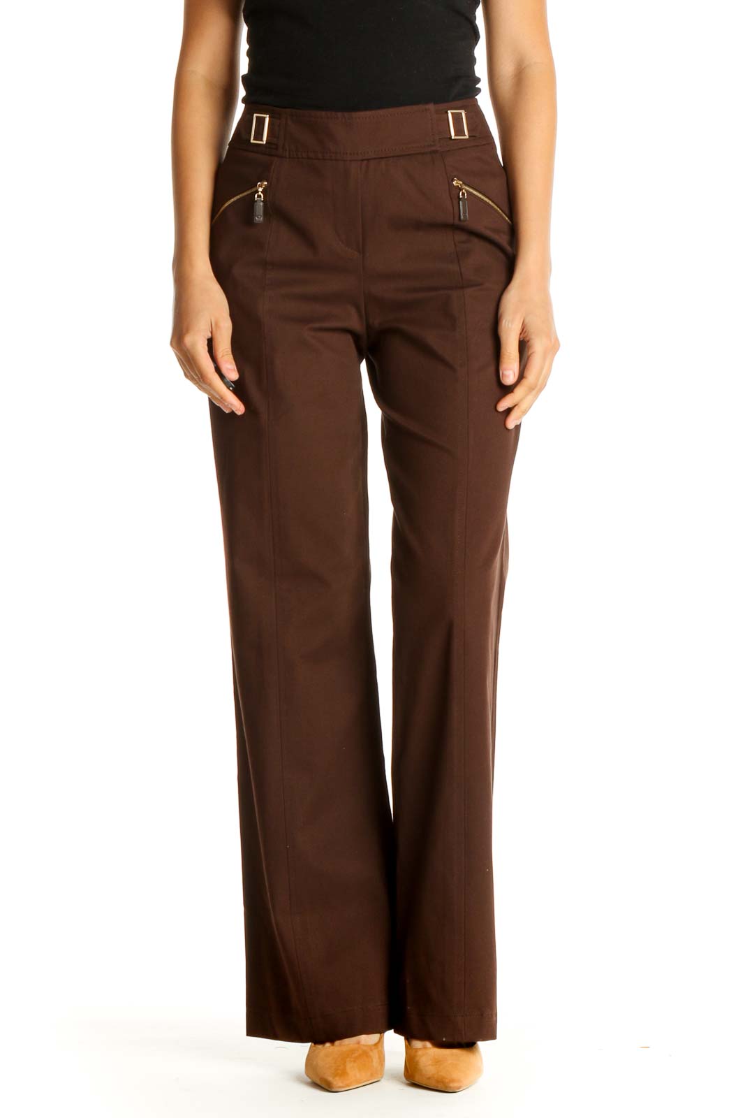 Brown Solid All Day Wear Trousers Front