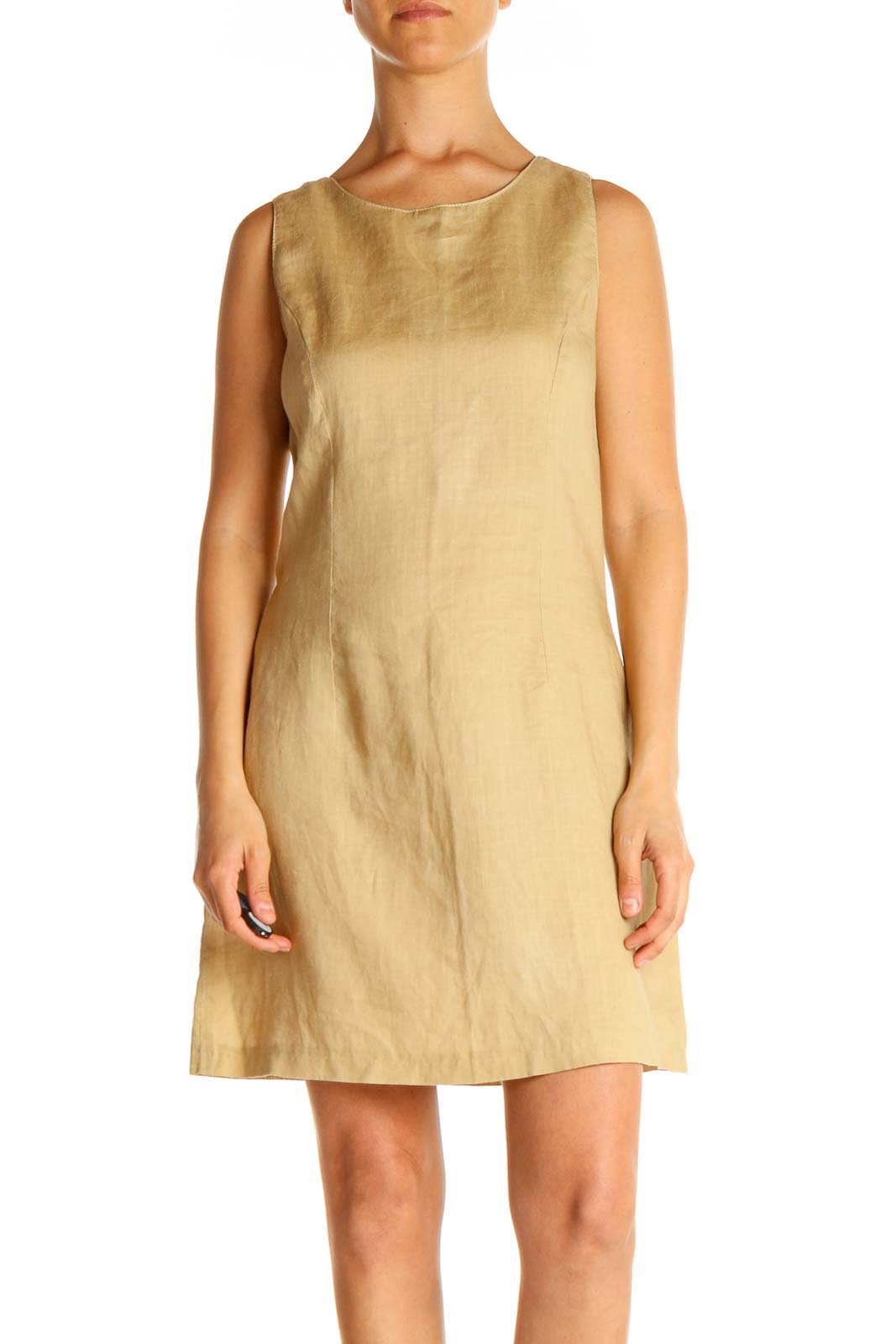 Beige Solid Day Fit & Flare Dress Front