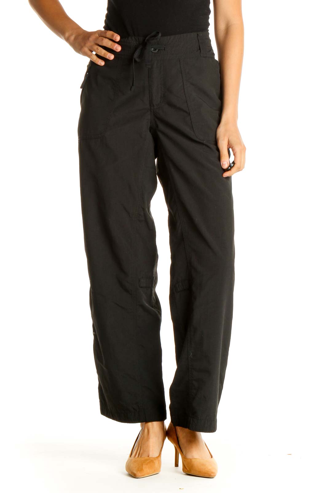 Black Solid Activewear Trousers Front