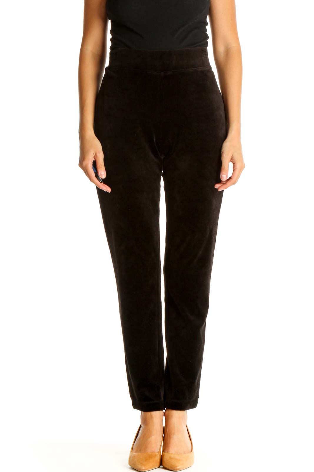 Black Solid Classic Trousers Front