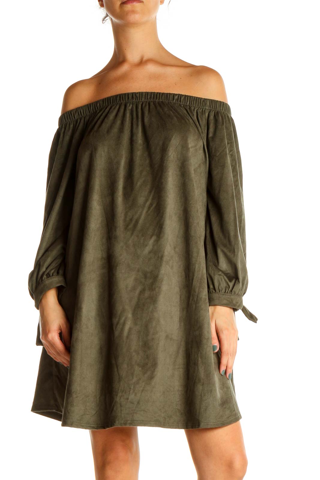 Green Textured Bohemian Dress Front