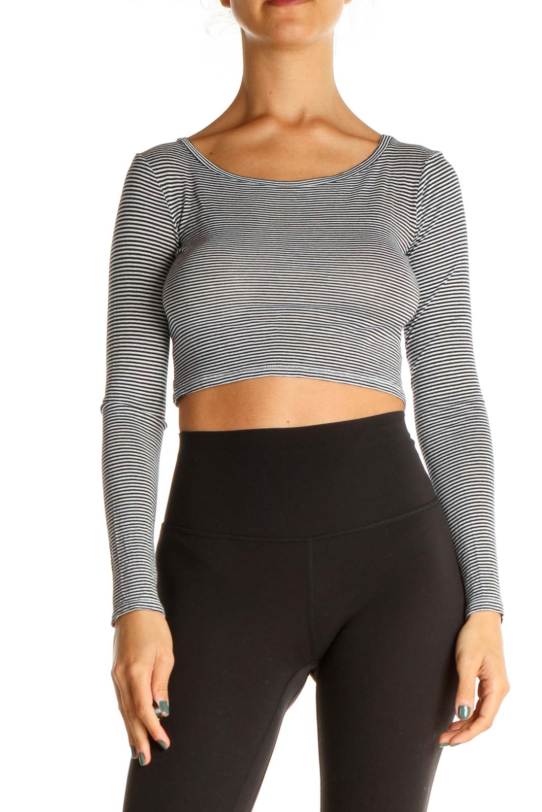 Black Striped Casual Crop Top Front