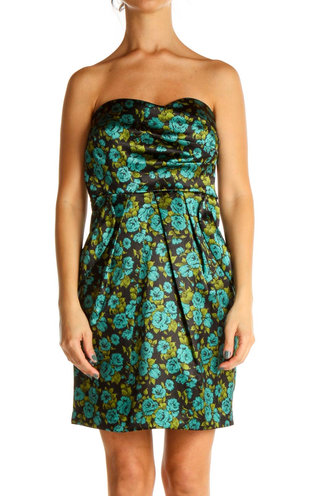 Blue Floral Print Holiday Fit & Flare Dress Front