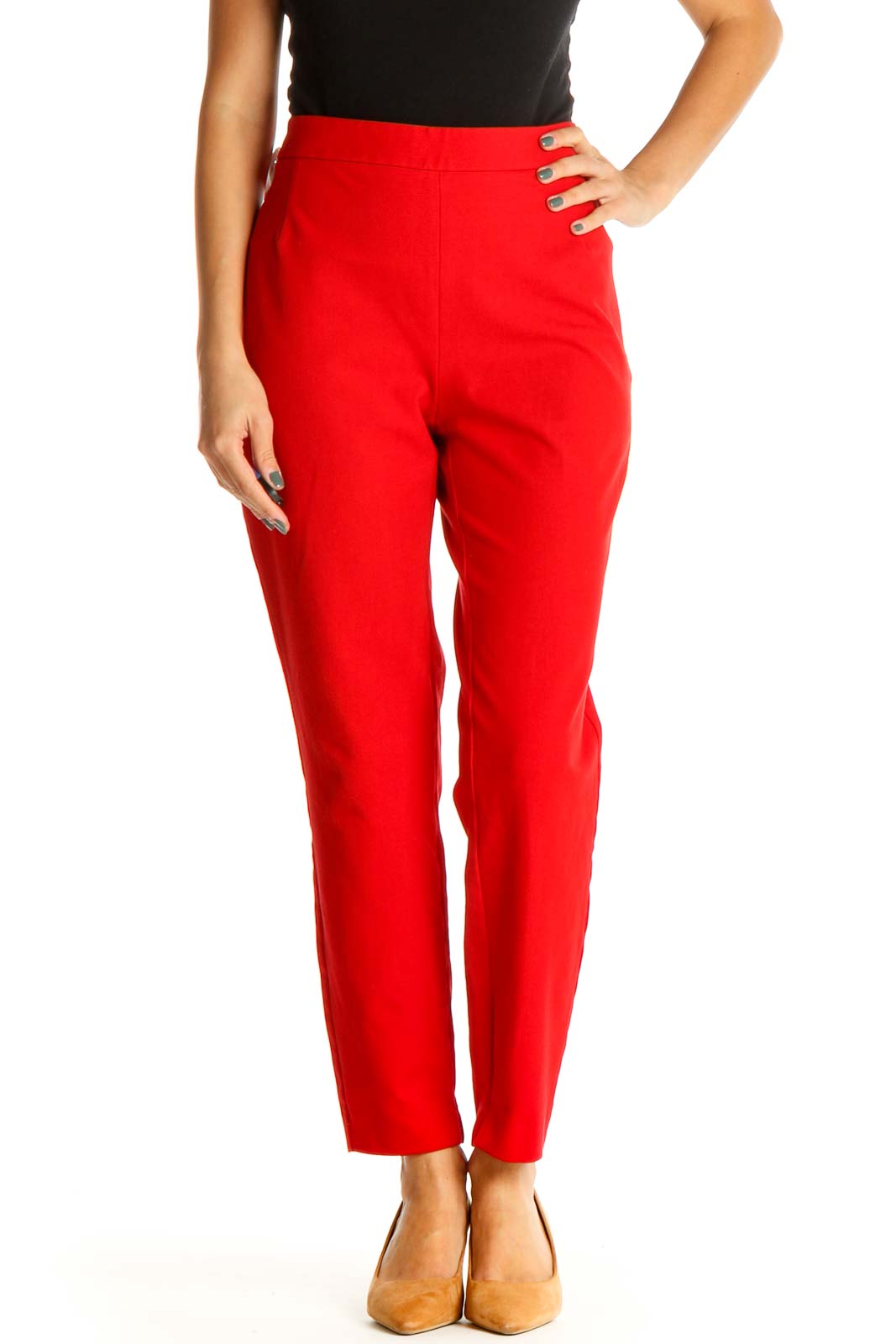 Red Solid Casual Trousers Front