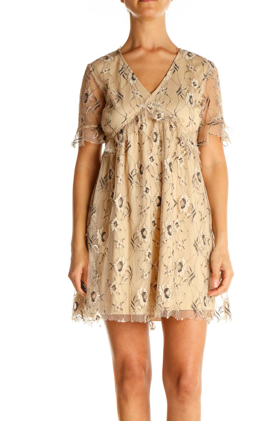 Beige Lace Holiday Fit & Flare Dress Front