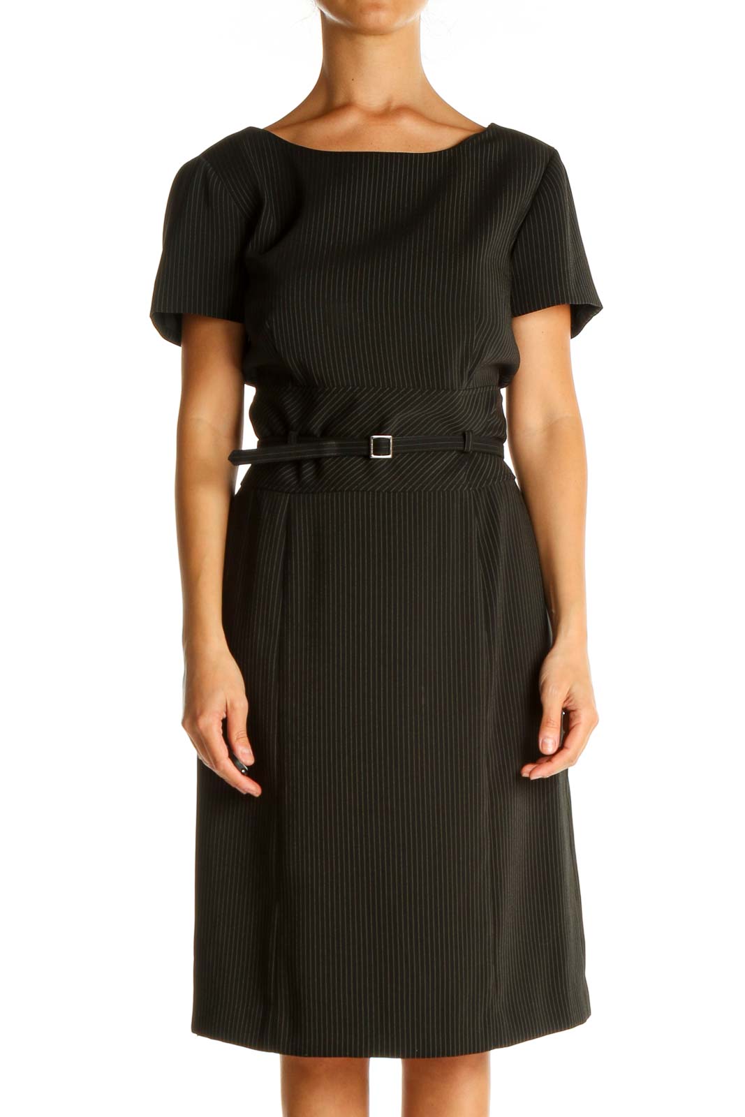 Black Pin-Striped Classic Sheath Dress Front