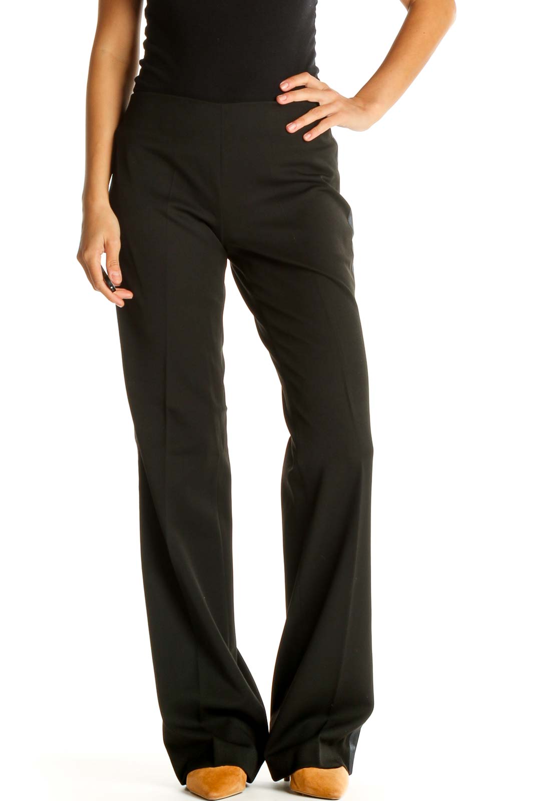 Black Solid Casual Pants Front