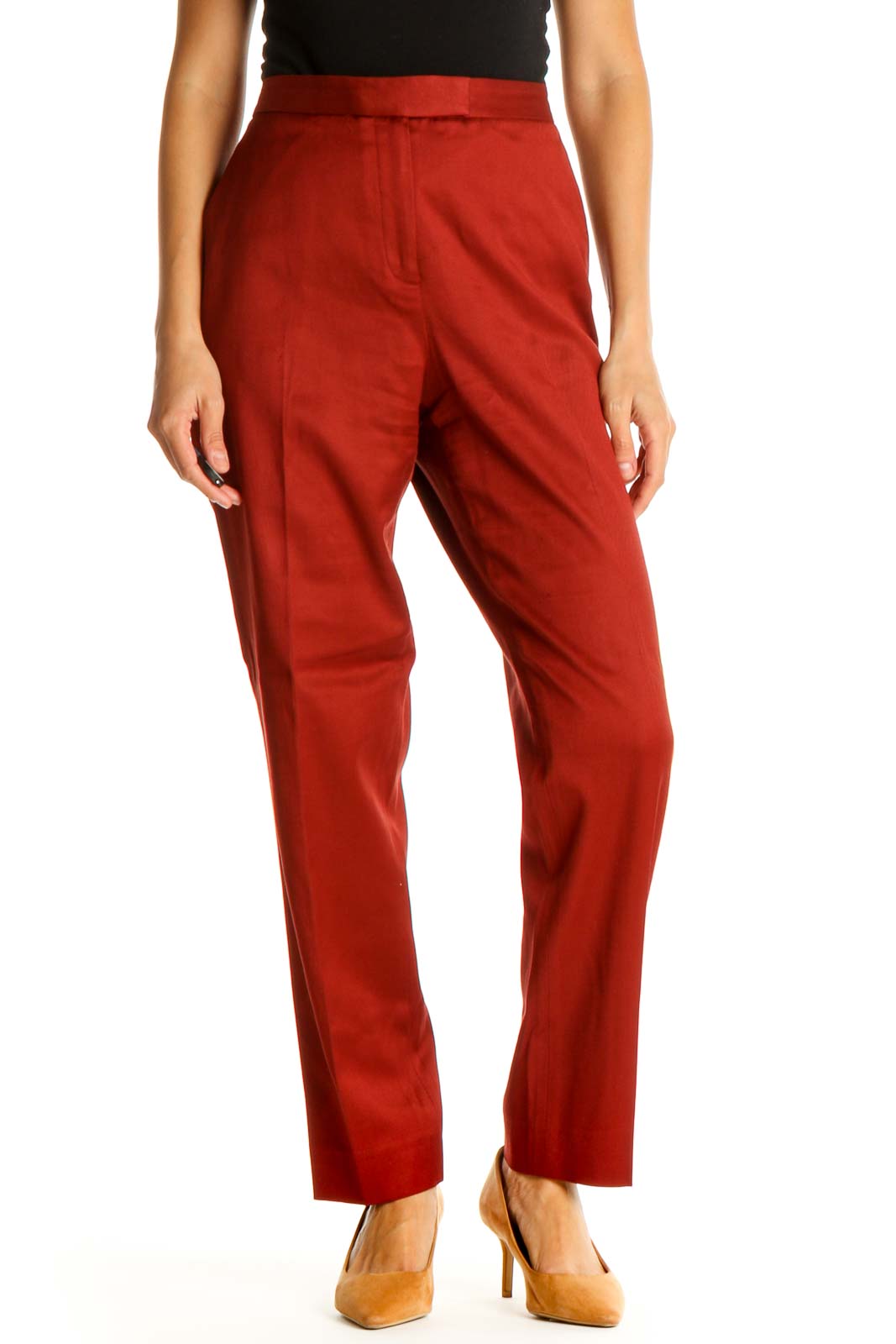 Red Solid Classic Trousers Front