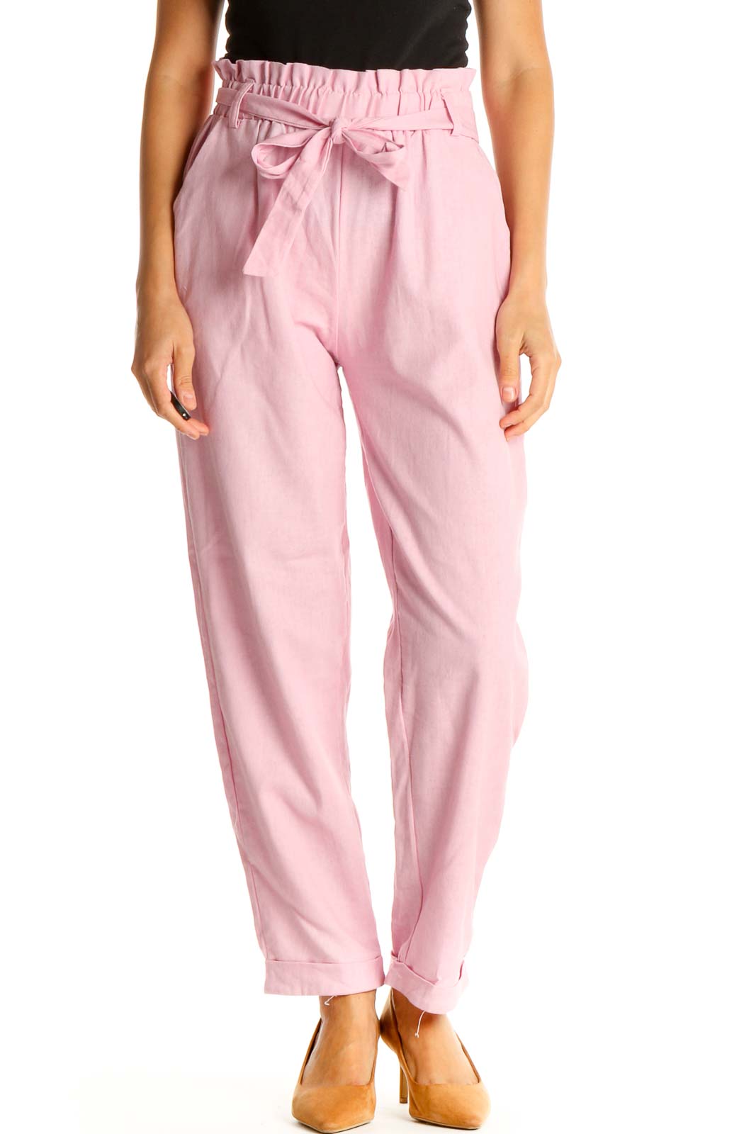 Pink Casual Tie Waist Pants Front