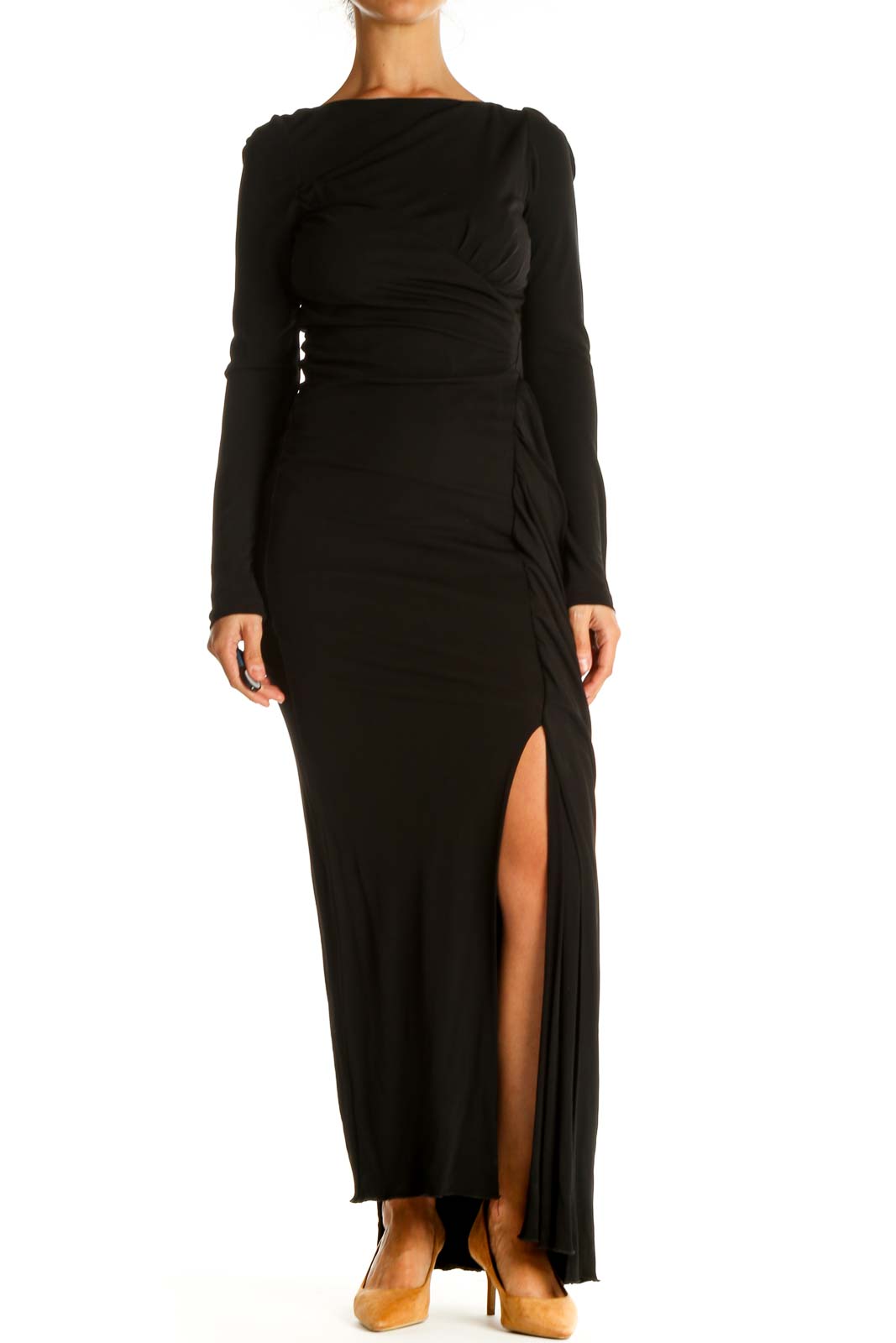Black Solid Classic Column Dress Front