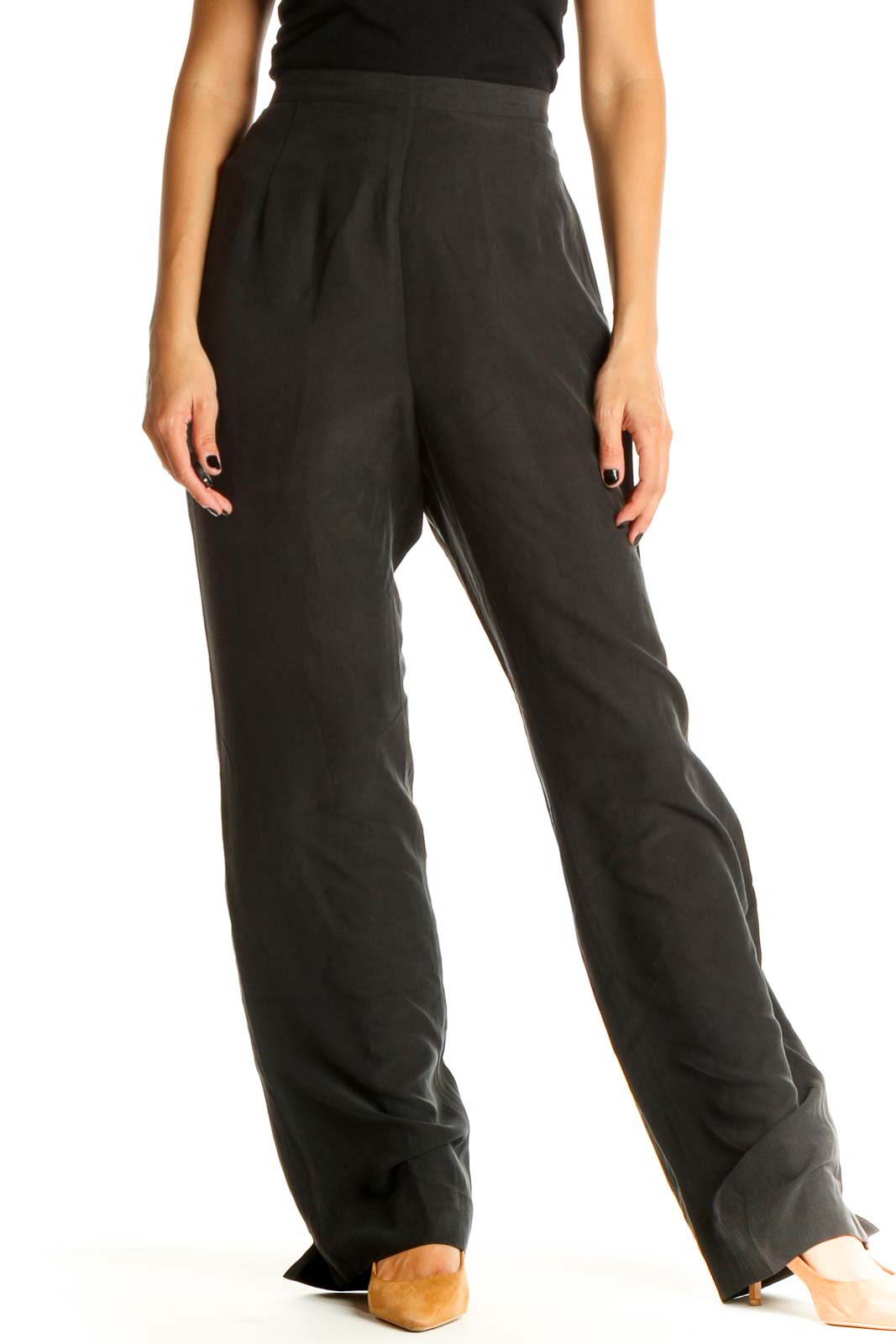 Black Gray Solid All Day Wear Trousers Front