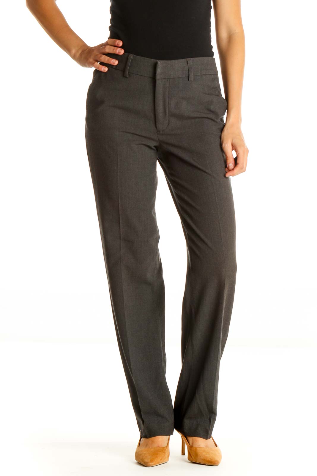 Gray Solid Classic Trousers Front