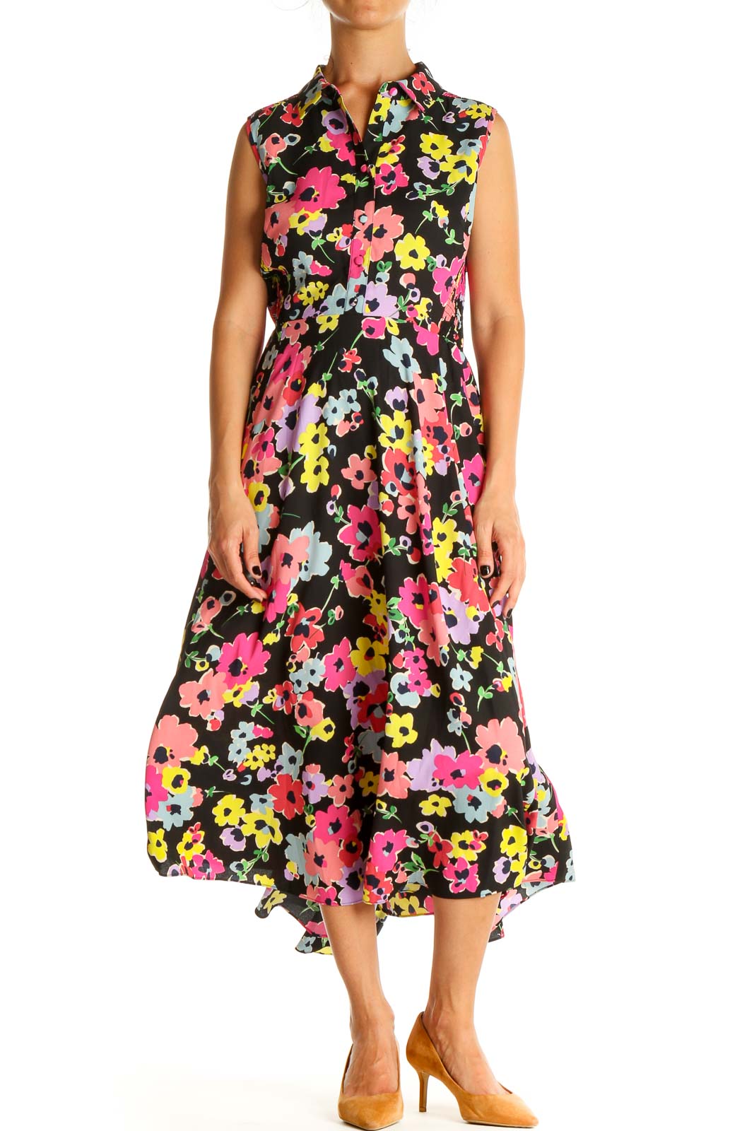 Black Floral Print Day Fit & Flare Dress Front