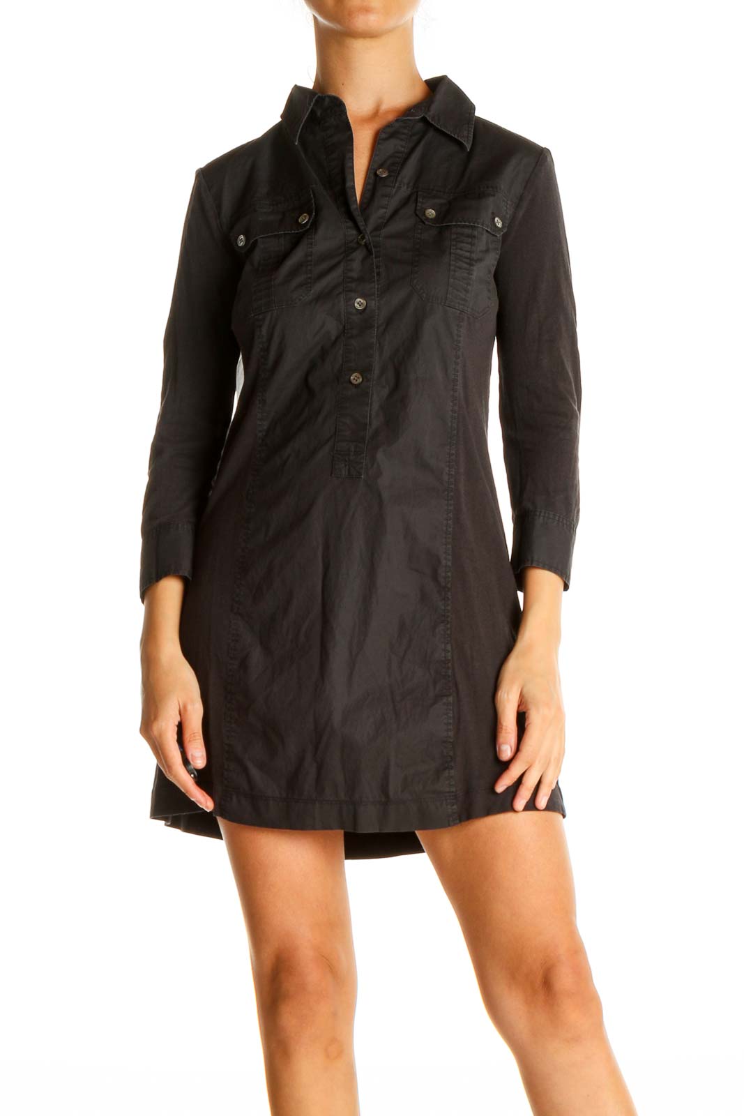 Theory - Black Solid Chic Shirt Dress Cotton Spandex | SilkRoll