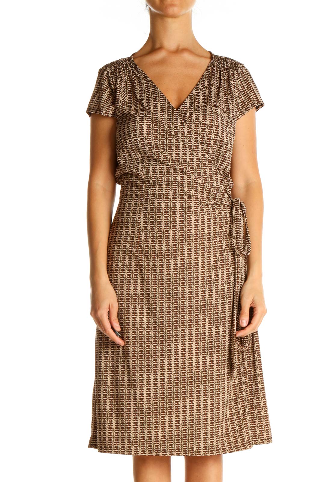 Brown Printed Classic Shift Dress Front