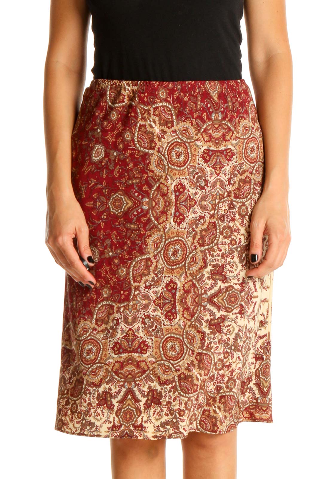Red Paisley Bohemian Silk Pencil Skirt Front