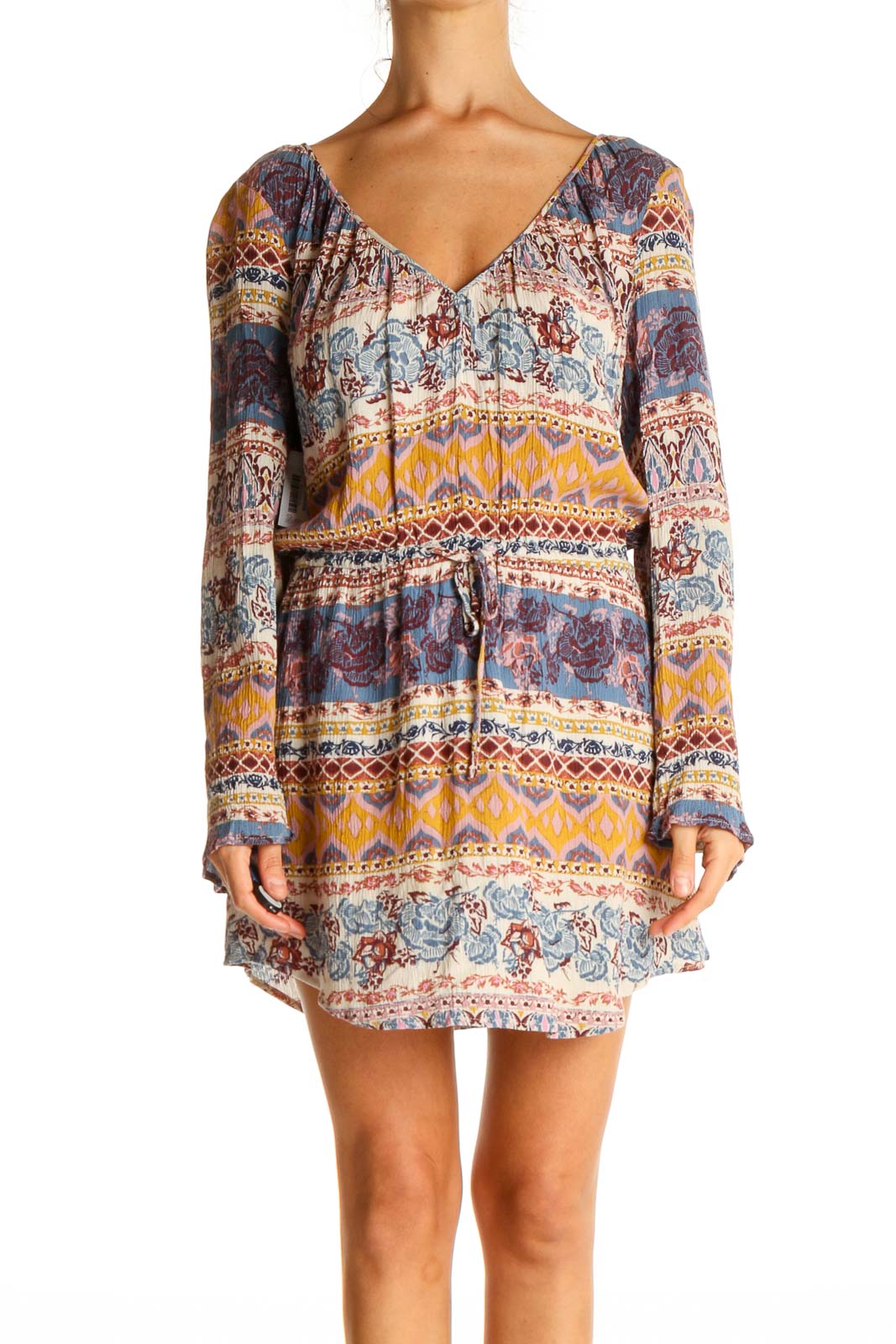 Beige Printed Bohemian Fit & Flare Dress Front