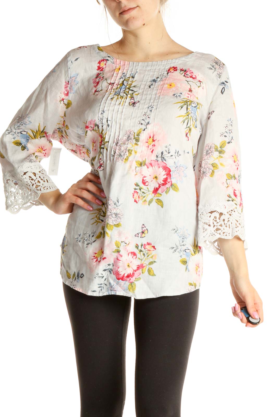 White Floral Print Blouse Front