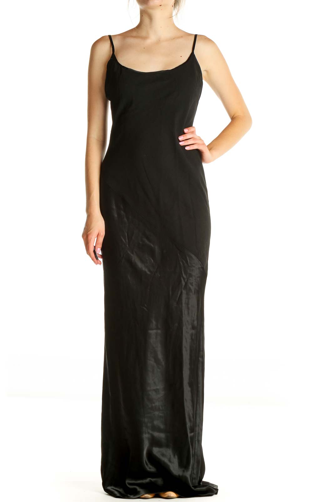 Black Solid Classic Column Dress Front