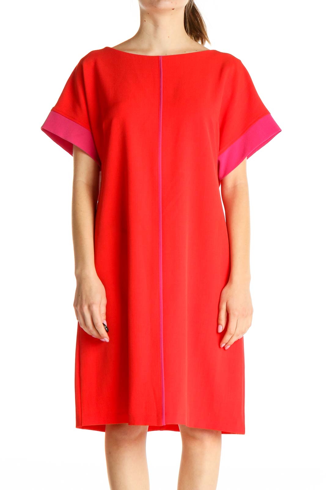Red Solid Colorblock Shift Dress Front