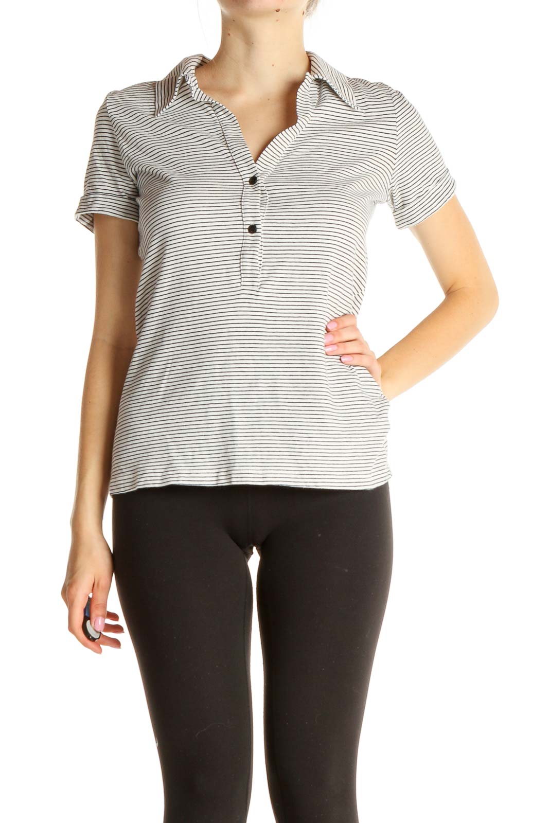 White Striped Casual Polo Shirt Front