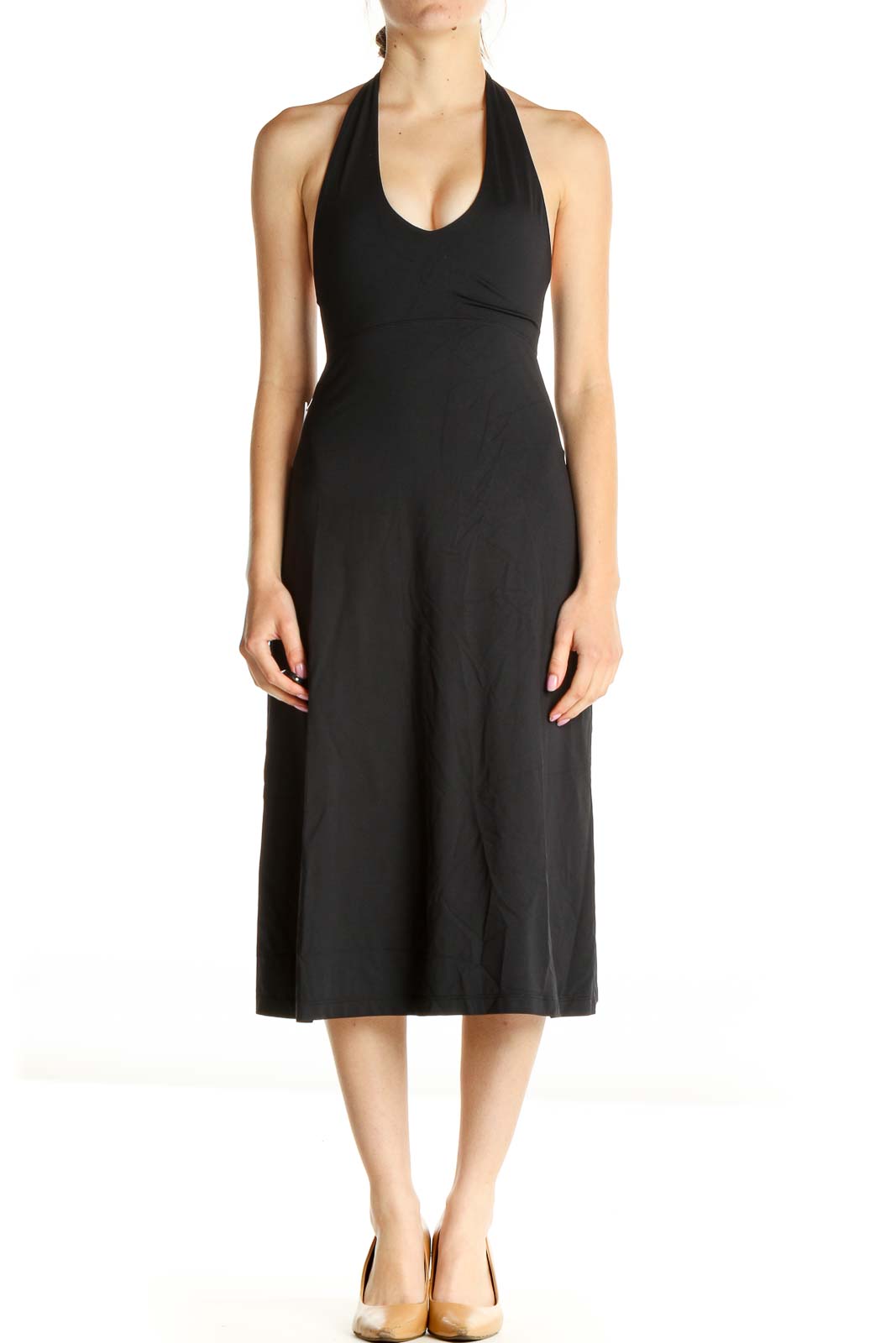 Black Solid Day Fit & Flare Dress Front