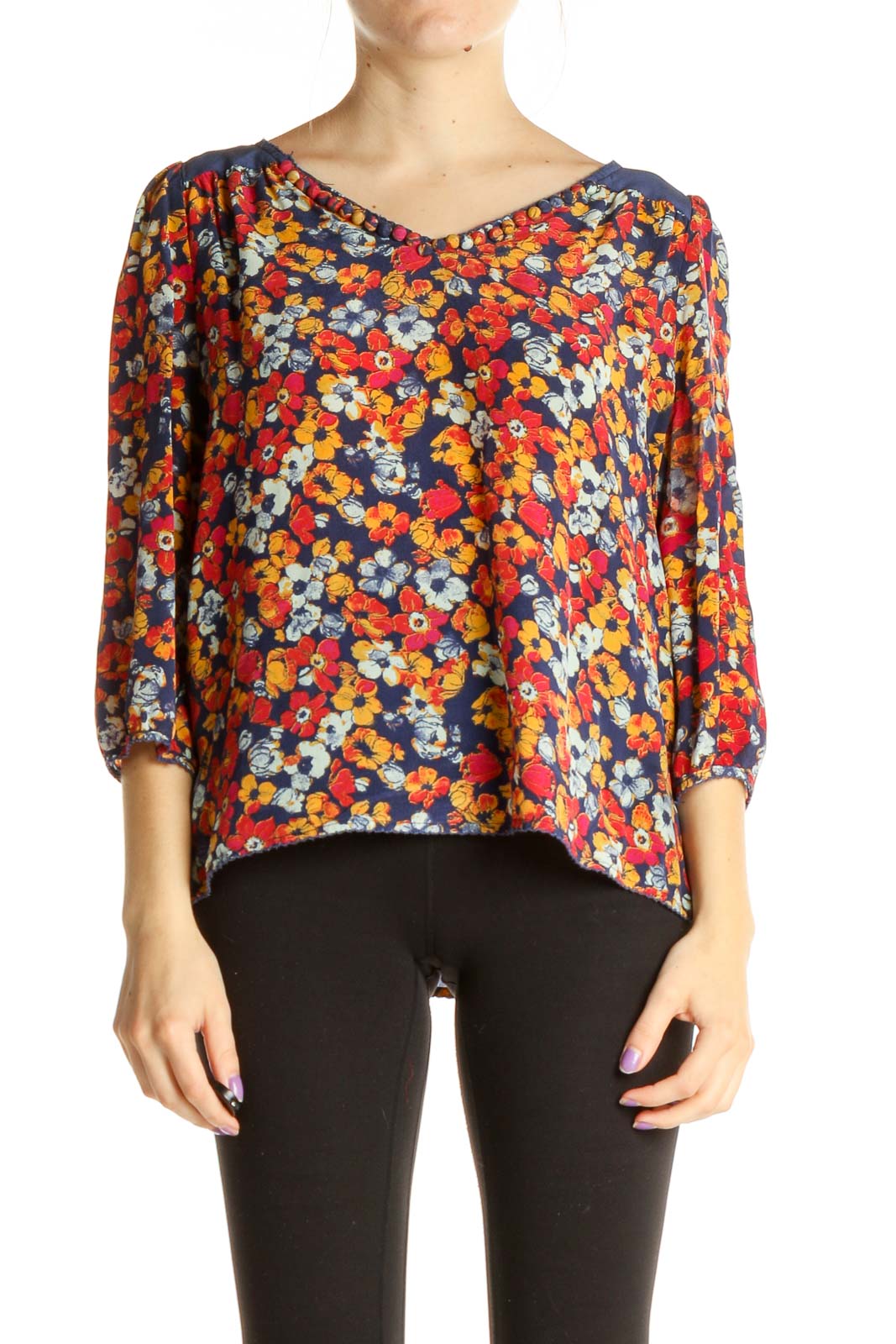 Red Floral Print All Day Wear Silk Blouse Front